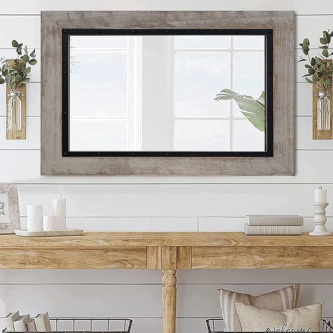 YOSHOOT Rustic Wooden Framed Wall Mirror, 48"x30", Natural Wood and Iron Bathroom Vanity Mirror for Farmhouse Decor, Vertical or Horizontal Hanging