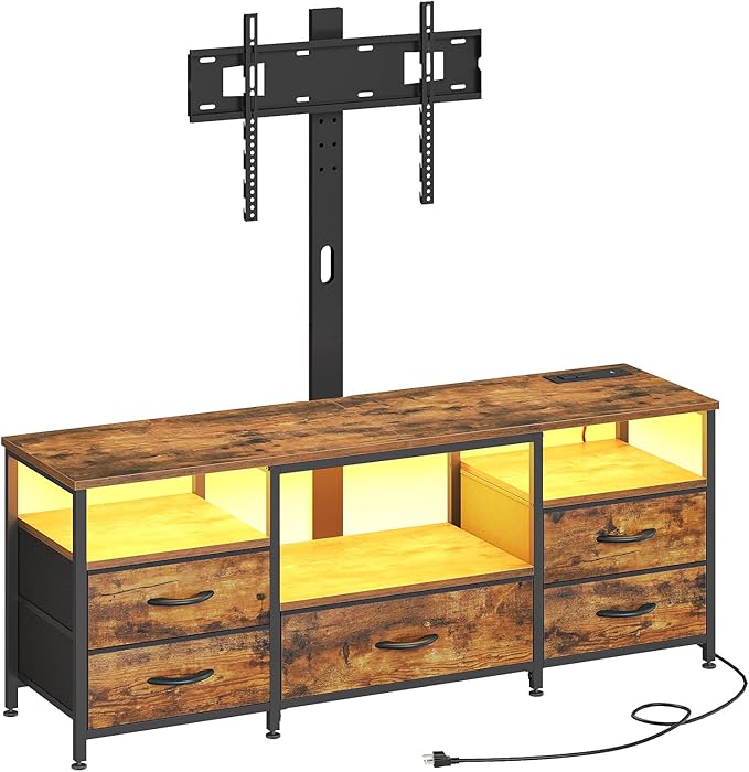 HOOBRO TV Stand with Mount and Power Outlet, for 32/45/55/60/65 inch TVs, Swivel Led Entertainment Center with Drawers, Adjustable Media Console for Living Room, Bedroom, Rustic Brown BF130UDDS01