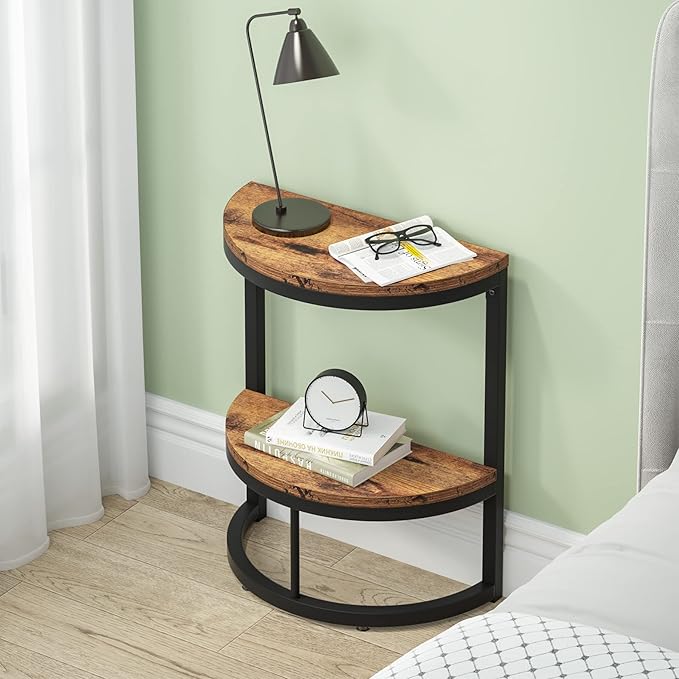 Tribesigns End Table Semi Circle, Small Half Round Side Table with Storage Shelf, Wood Accent Table Slim C Table for Sofa Couch, Living Room, Bedroom, Easy Assembly (Rustic Brown & Black, 2-Tier)