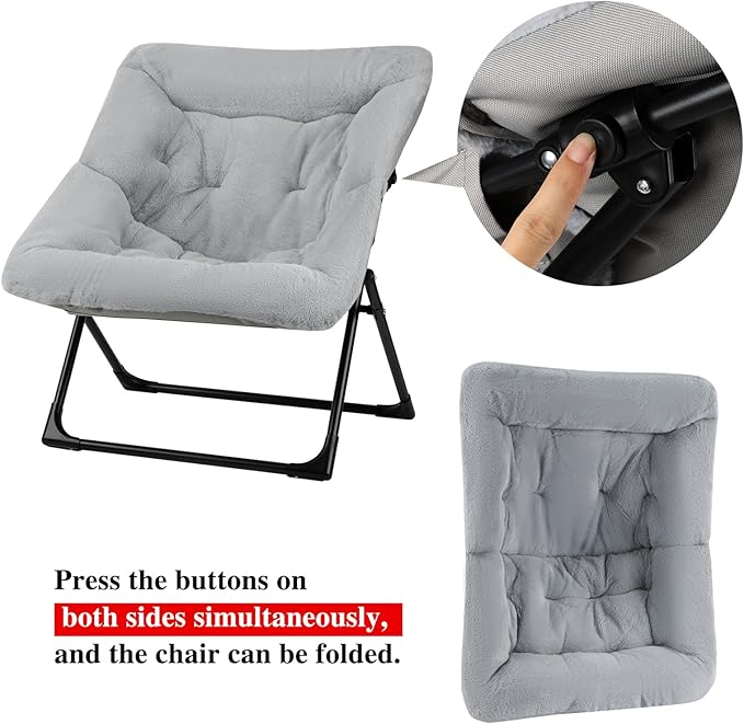 Comfy Saucer Chair for Adults, Soft Faux Fur Bedroom Chair, Accent Dorm Chairs, Flexible Living Room Reading Chairs, Oversized Folding Lounge Seat for Teens, X-Large, Grey