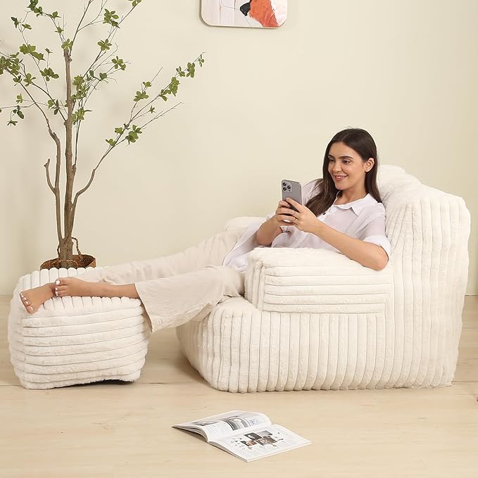 Comfy Gaint Bean Bag Chair with Ottoman, Fluffy Huge Bean Bag Armchair for Adults and Teens, Cream
