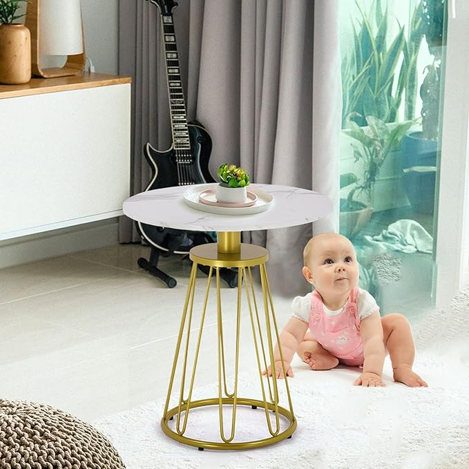Round End Table Set of 2, Small Side Table for Living Room, Bedroom, Modern Side Tables for Small Spaces, Sofa Couch Table with Metal Frame Legs, Easy Assembly(Gold and White)