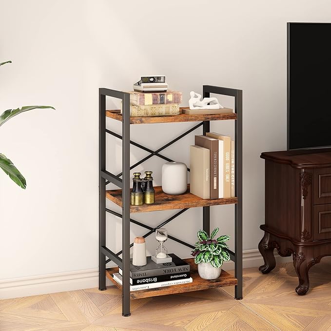 Homeiju Bookshelf, 3 Tier Industrial Bookcase, Metal Small Bookcase, Rustic Etagere Book Shelf Storage Organizer for Living Room, Bedroom, and Home Office(Rustic Brown) Patent Pending D29873033