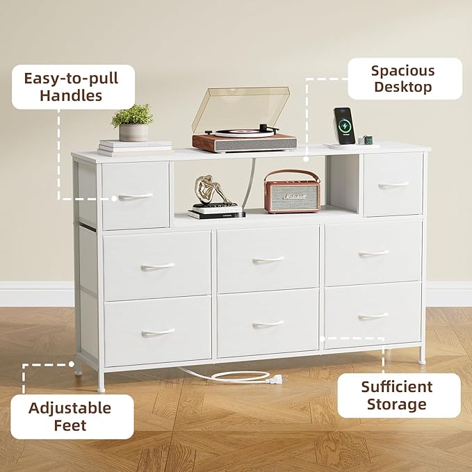 Somdot White TV Stand, Dresser for Bedroom for 55 inch TV with Charging Station and LED Lights, Media Console Table with 8 Drawers, Open Shelf, Adjustable Feet,Living Room Furniture