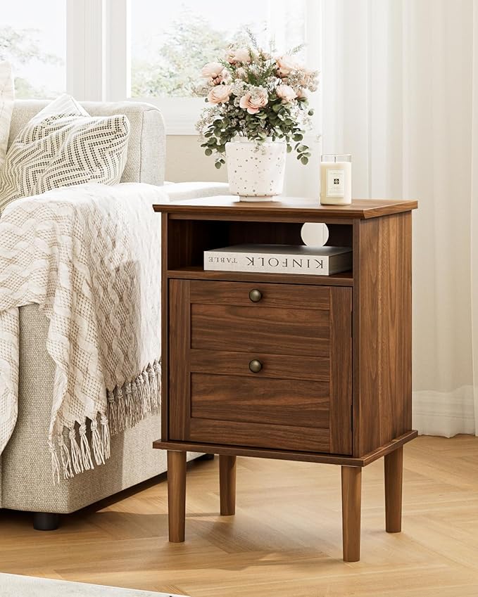 Nightstand, Boho Night Stand with 1 Drawer, Modern Side Accent Table with Open Shelf, Wooden Top Bedside End Table for Bedroom, Living Room, Walnut