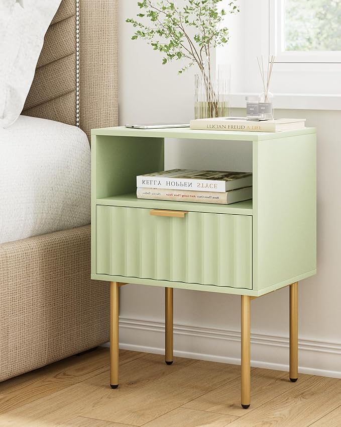 Nightstand,Modern Bedside Table with Gold Frame,Green Night Stand,Bedside Furniture, Modern Side Table with Drawer and Shelf for Bedroom,Living Room (Green)