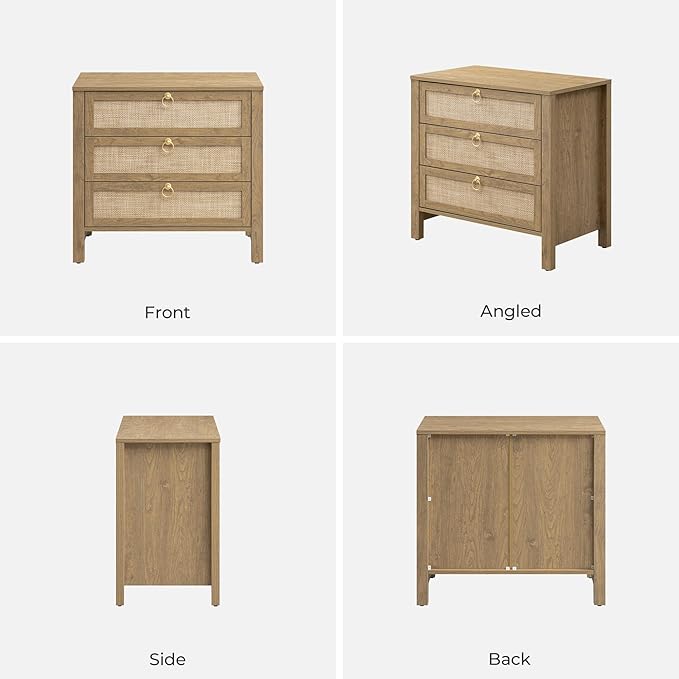 SICOTAS Nightstand Set 2 with Drawers - Large Rattan Bedside Table with Golden Handle, 3 Drawers Night Stand Tall End Table 26.78" Wide Side Table Boho Nightstand for Bedroom