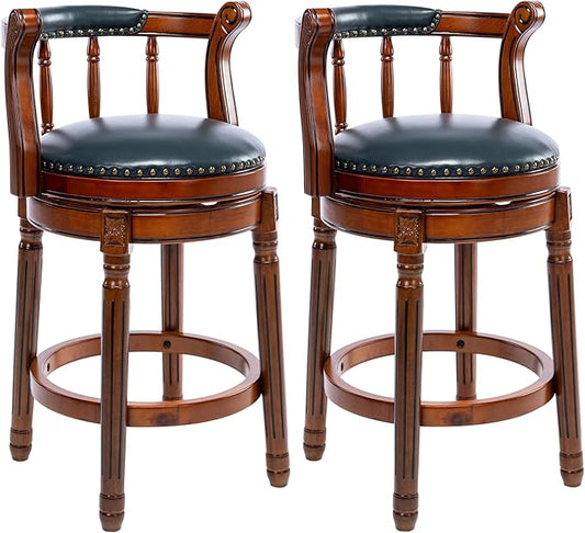 Cow top Leather Wooden Bar Stools, 360 Degree Swivel Bar Height Chair with Backs for Home Kitchen Counter, Morden Chair Barstools (Dark Blue 2pcs, Counter Height-Seat Height 26”)