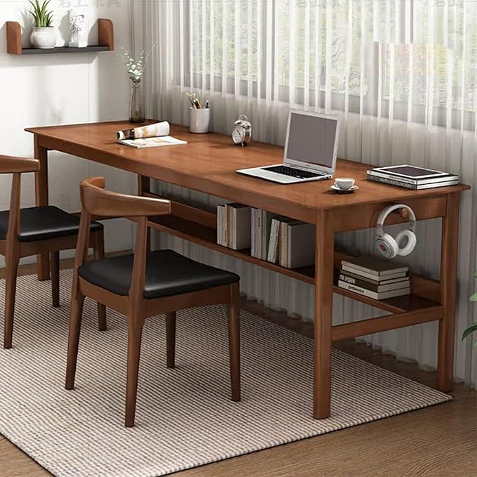 Solid Wood Long Desk 63 inch Home Office Work Desk, 2-Person Simple Writing Desk Table Computer Workstation with Storage Shelf for Living Room, Study Room, Bedroom, Walnut