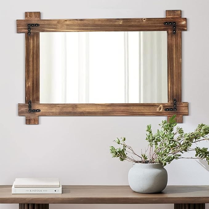 MeMoreCool Farmhouse Rustic Wood Framed Bathroom Mirror, Decorative Wall Mounted Rectangular Mirror for Bedroom, Living Room, or Bathroom, 24x36 Inch