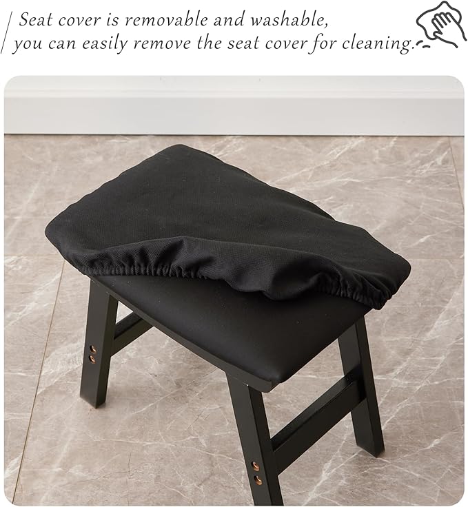 Foot Stool,Ottoman,Bamboo Small Sofa Foot Rest Under Desk,Extra Seating for Living Room, Bedroom and Kitchen (Black Stool Legs - Black Surface)