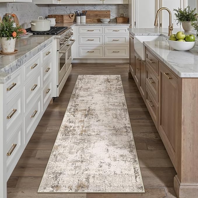 2x6 Washable Runner Rug Brown Grey Neutral Abstract Hallway Kitchen Living Room Bedroom Non Slip Throw Rug Soft Low Pile Indoor Carpet for Entrance Laundry Bathroom