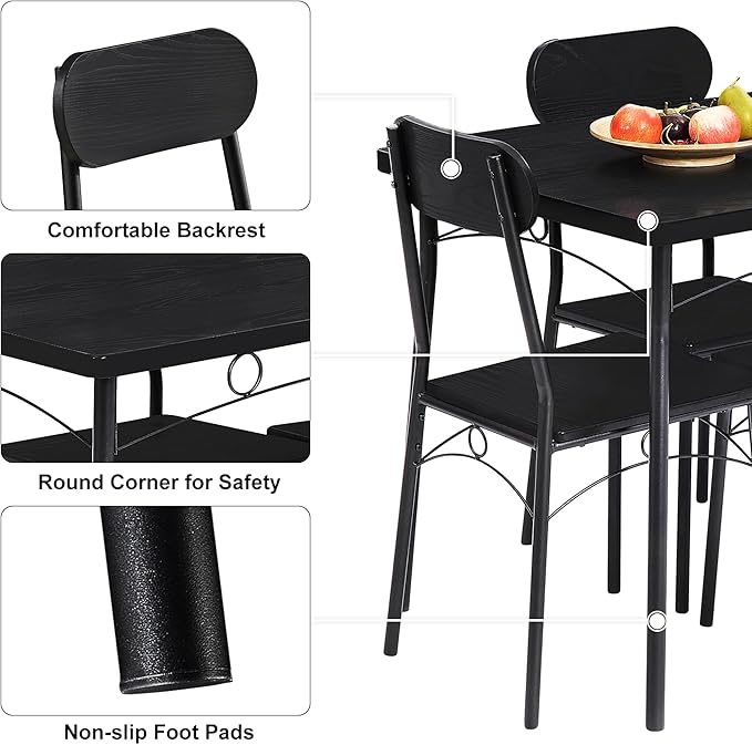 VECELO Dining Table Set for 4, 5 Piece Dinette with Chairs for Kitchen, Breakfast Nook and Small Space, Black