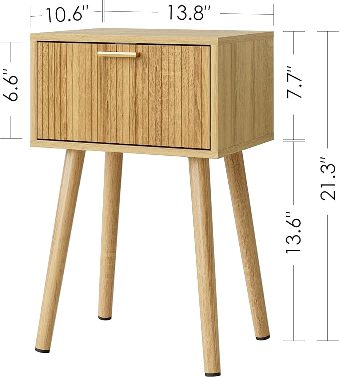 Night Stand Set 2, Oak Nightstand with Fluted Doors, Small Modern Mid-Century Bedside Table for Bedroom, End Table for Living Room