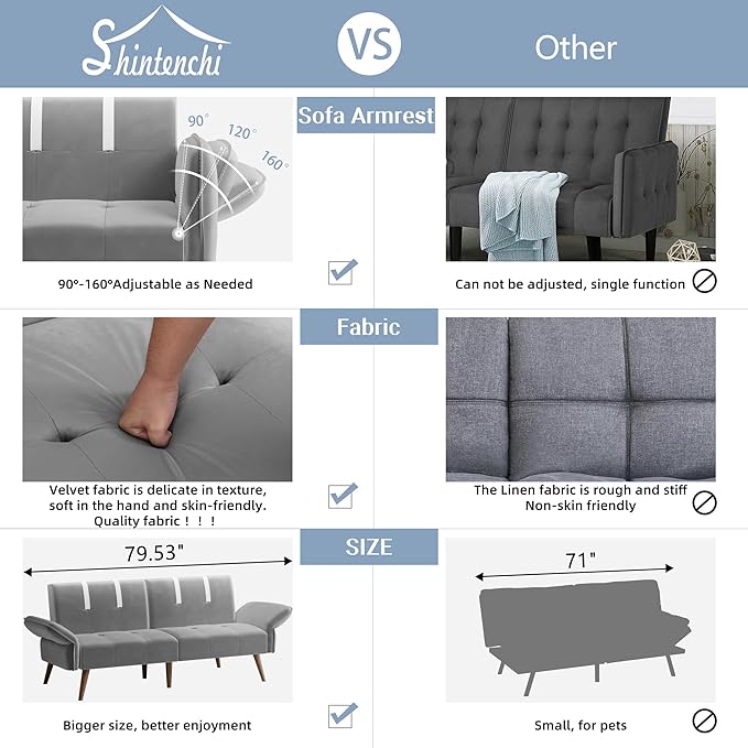 Shintenchi Sleeper Sofa Bed,Velvet Futon Folding Couch Bed with Adjustable Armrest Backrest,Loveseat Sofa Couch for Living Room Apartment Office Small Space