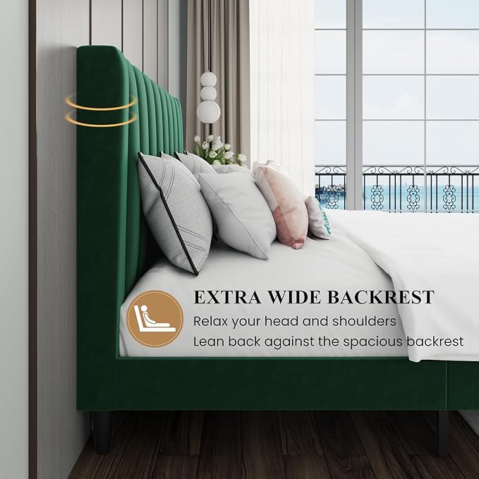 SHA CERLIN King Bed Frame/Velvet Upholstered Platform Bed Frame with Headboard/Strong Wood Slats Support/Mattress Foundation/No Box Spring Needed - Green