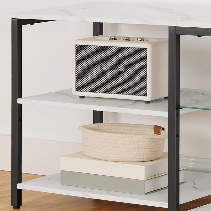 HOOBRO LED TV Stand for 65 Inch TVs with Charging Station, Gaming Entertainment Center with 3-Tier Open Storage, Long Media TV Console Table, TV Stand for Living Room, Bedroom, Marble White BM20UDDS01