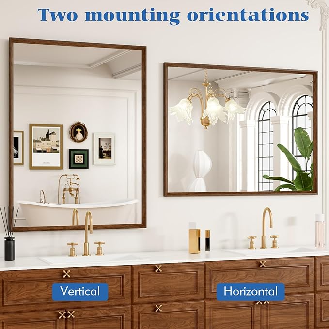 28x36 Inch Rectangle Walnut Bathroom Mirror, Anti-Rust 4MM Tempered Glass, Modern Vanity Mirror for Bathroom, Horizontal or Vertical Wall Mount