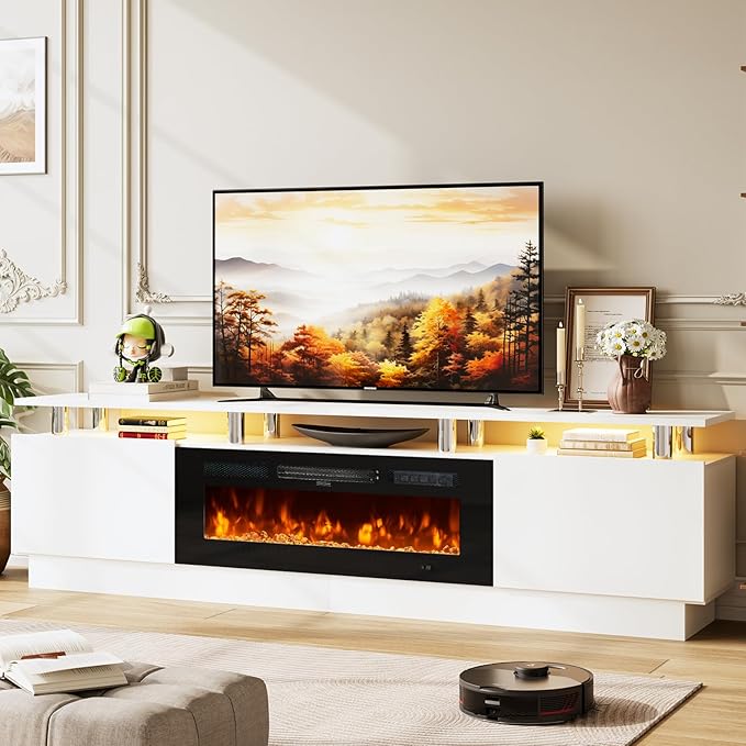 80" TV Stand & Media Console, Entertainment Center with Storage Shelves, Fits TVs up to 90", Modern Living Room Cabinet, 36" Electric Fireplace (White+Black)