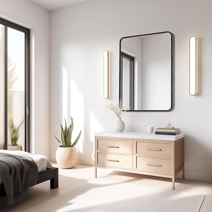 USHOWER Black Bathroom Mirror for Over Sink 22 x 30 Inch, Matte Black Rectangle Mirror for Wall, Rounded Metal Frame Vanity Mirror
