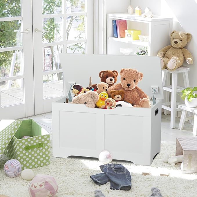 31.5" Storage Chest, Wooden Storage Bench, Lift Top Toy Chest with 2 Safety Hinges, Large Toy Box, Entryway Shoes Bench for Living Room, Bedroom, White