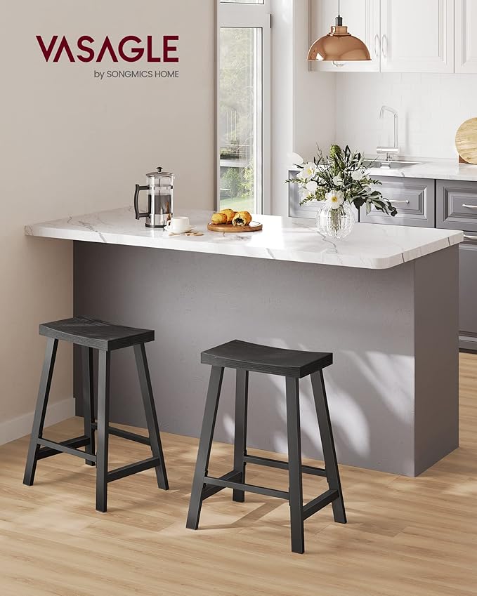 VASAGLE Bar Stools, Set of 2 Bar Chairs, Kitchen Breakfast Bar Stools with Footrest, 23.6 Inches High, Industrial in Living Room, Party Room, Black ULBC074B56