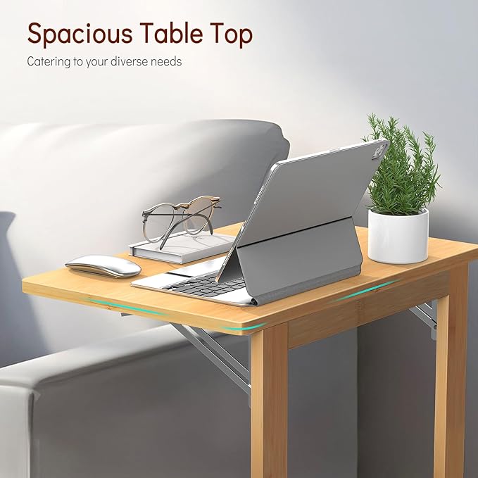Tatub 24'' Folding TV Tray Table, Foldable C Shaped End Table Slide Under Couch, Small Sofa Side Laptop Desk for Living Room, Bedroom, Nature