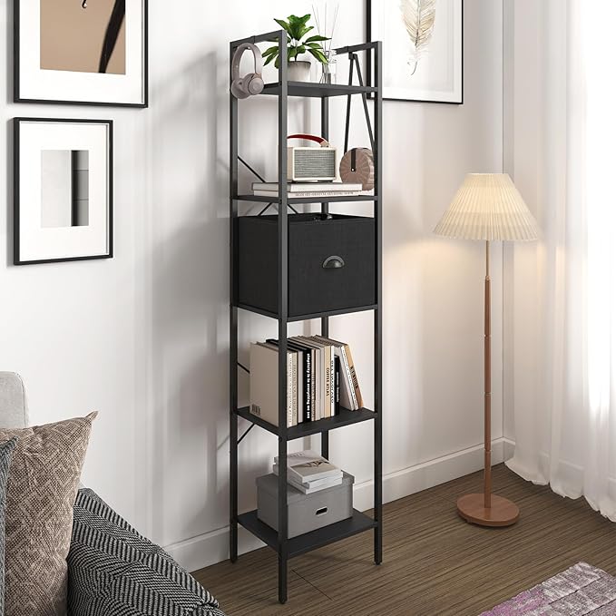 Generic 5 Tier Bookshelves,Tall Narrow Bookcases with Shelves, Bookcase Storage Organizer,Industrial Bookshelf with Drawer,Display Shelves Bookcases for Living Room, Bedroom,Kitchen and Office,Black