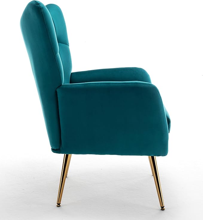 Container Furniture Direct Modern Chic Mid-Century Velvet Accent Armchair for Living Room, Bedroom, or Home Office, Button-Tufted Wingback Design with Gold Flared Legs, Dark Teal