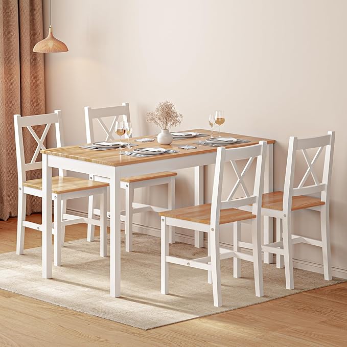 soges Dining Table Set for 4, 42.5 inch Pine Wood Dining Room Table with 4 Chairs, 5-Piece Kitchen Table Chairs Set for Small Space, Apartment, Dinette, Breakfast, White & Oak
