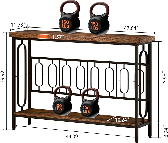 Industrial Console Table for Entryway, Rustic Console Table Behind Couch, 2 Tier Sofa Tables for Home Living Room, Hallway, Entrance, with Metal Frame(48 inches)