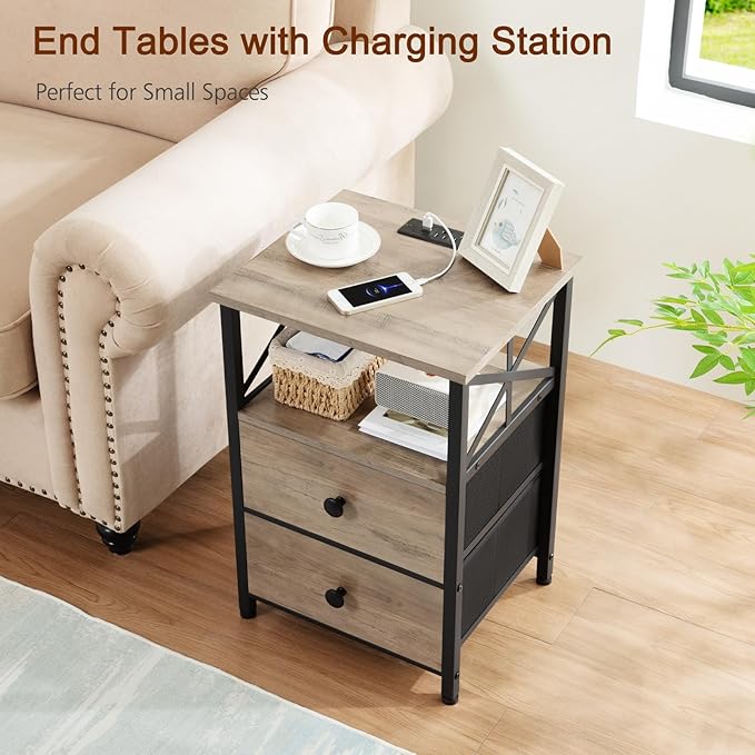AMHANCIBLE Night Stand, Nightstand with Charging Station, End Tables Living Room with Fabric Drawer, Bedside Table with USB Ports and Outlets for Small Spaces Bedroom, Greige HET05XGY1