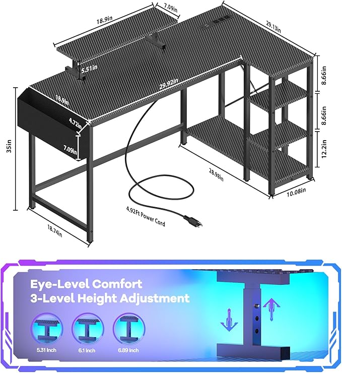 40 inch Gaming Desk with USB Power Outlet and LED Light- Reversible L Shaped Desk with Storage Bag,Computer Desk with Adjustable Monitor Stand& Storage Shelves and CPU Stand,Corner Desk Table