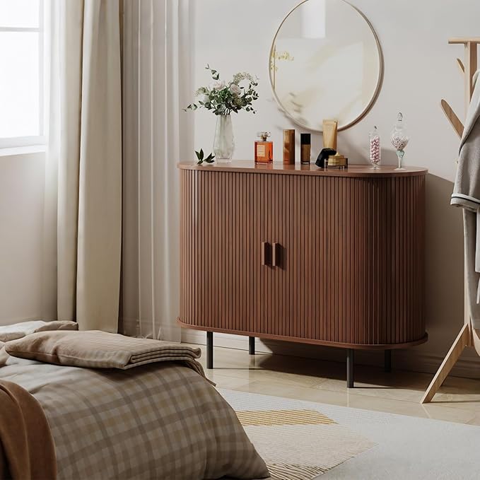 Buffet Sideboard Cabinet with Storage, 40" Fluted Cabinet with Sliding Door & Adjustable Shelf, Modern Accent Coffee Bar Console Table for Kitchen, Entryway, Walnut