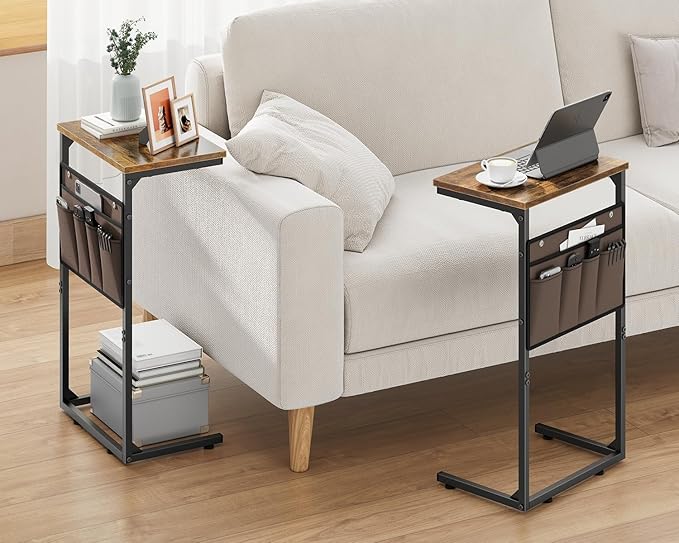 Vagusicc C Shaped End Table Set of 2, Tall Side Table for Sofa, Small Couch Side Table with Storage Bag, TV Tray Table for Small Spaces, Sturdy Slide Under Sofa Table with Metal Frame for Living Room