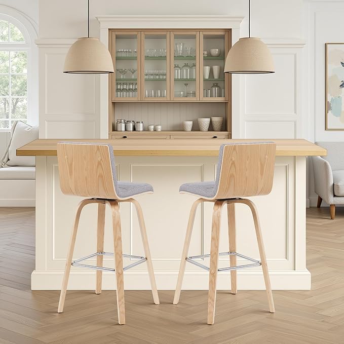 Vienna Modern Swivel Bar Height Stool with Grey Upholstered Seat and Patterned Oak Wood Frame Set of 3