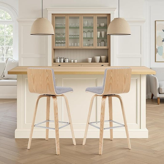 Armen Living Vienna Modern Swivel 30" Bar Height Barstool with Gray Fabric Upholstered Seat and Patterned Oak Wood Finish