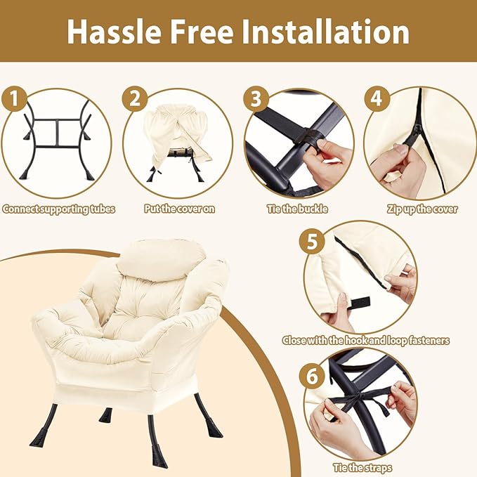 Lazy Chair Thick Padded, Comfy Velvet Accent Lounge Chair with Stable Frame, Leisure Sofa Armchair with Armrests and Side Pocket, Reading Chair for Bedroom, Living Room, Office, Beige