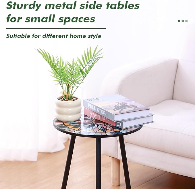 1 Pack Metal Mosaic Round Side Table Small 13.4" End Patio Round Accent Table Garden Corner Stand for Small Spaces Weather-Resistant for Balcony Plant Stand Indoor Outdoor