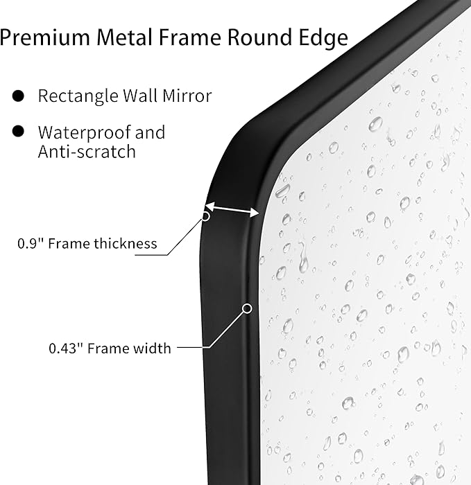 24"x40" Bathroom Wall Mirror with Matte Black Metal Frame & HD Glass, Copper-Free Mirrors Modern Rectangle Round Corner Framed Vanity Mirror - Horizontal or Vertical Installation