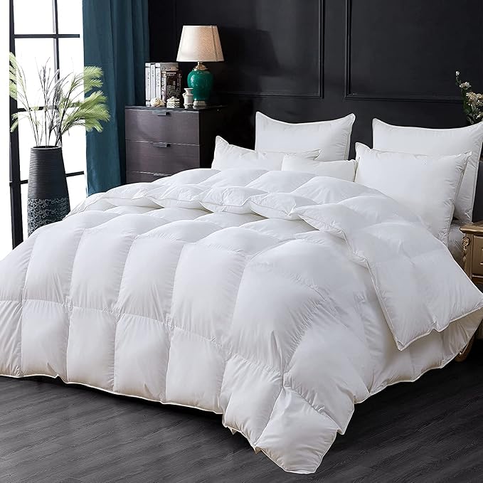 Luxurious Goose Down Feather Fiber Comforter Duvet Insert, Exquisite Solid White Design, Oversize Palatial King White 120 x 98, Premium Baffle Box 100% Egyptian Cotton, 80 oz Fill Weight