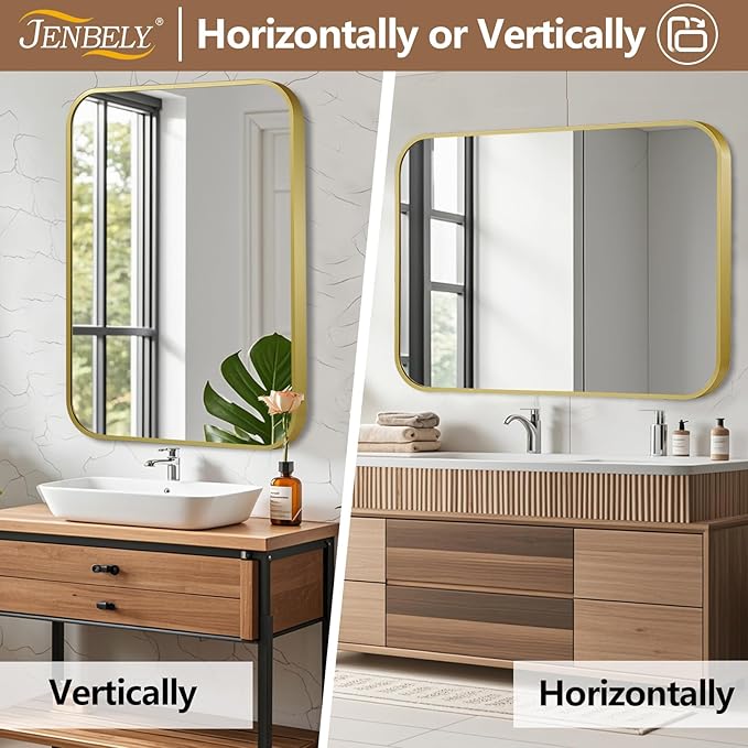 16x24 Inch Gold Mirror, Framed Rectangle Mirror with Rounded Corner, Brushed Brass Mirror, Gold Bathroom Mirror for Over Sink, Vanity, Living Room, Bedroom, Horizontal/Vertical