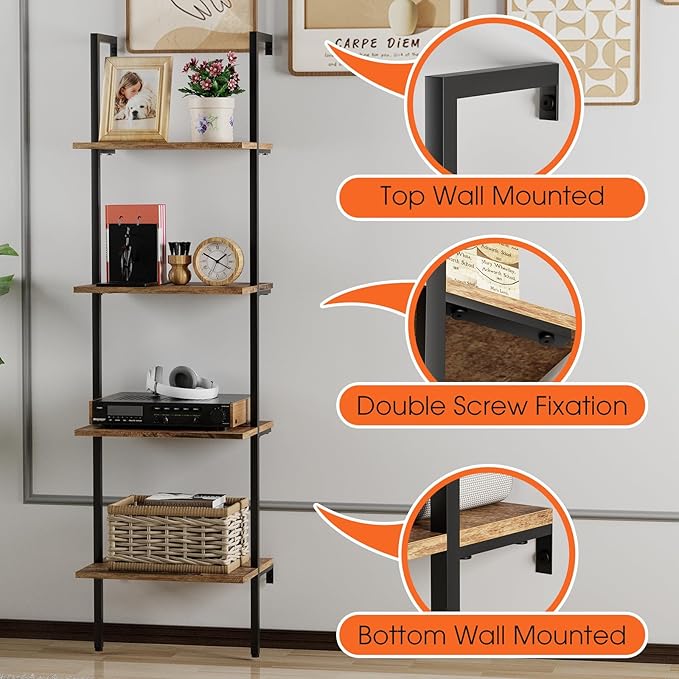 Ladder Shelf 4 Tiers Metal Industrial Bookshelf,Brown Wood Tall Open Storage Rack and Display Shelves,Wall Mount Wide Book Case for Home Office Bedroom,Small