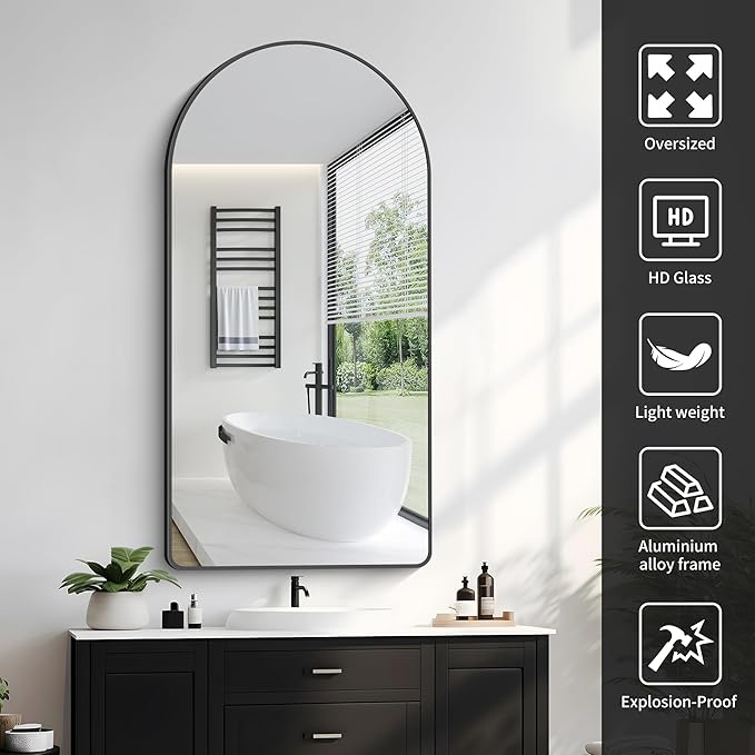 FORBATH Arched Mirror 24x48 Inch, Black Arched Mirror Wall Mounted Modern Black Aluminum Frame Decor Large for Dresser Bedroom Living Room Entryway, Hanging or Leaning Against Wall