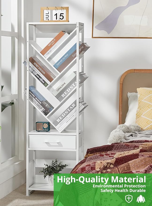 Bookshelf with Drawer,10 Tier Tree Bookcase Retro Floor Standing Bookshelves,Tall Wood Bookcases with Cabinet Storage Organizer for Living Room, Bedroom & Home Office, White