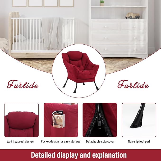 Lazy Chair for Living Room, Modern Accent Chairs with Armrests, Comfy Lounge Chair with Side Pocket, Cozy Lazy Sofa for Reading, Balcony, Bedroom, Dorm, Small Spaces (Burgundy)