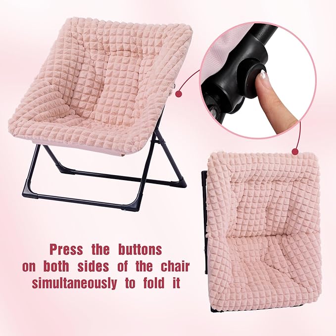 HollyHOME X-Large Saucer Chair with Foldable Ottoman, Comfy Oversized Folding Chair and Folding Footrest Stool Set, Faux-Fur Reading Chair and Footstool for Living Room, Bedroom, Pink Chair&Stool