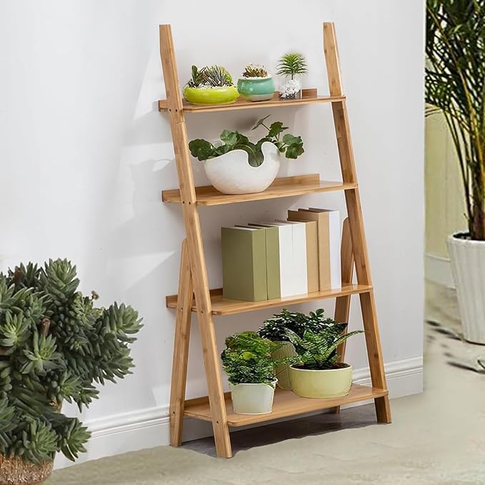 Maydear Bamboo Ladder Shelf Bookcase, 4-Tier Leaning Bookshelf Free Standing Organizer Storage Shelves for Living Room, Bedroom, Kitchen, Home Office, Balcony, Wood Color