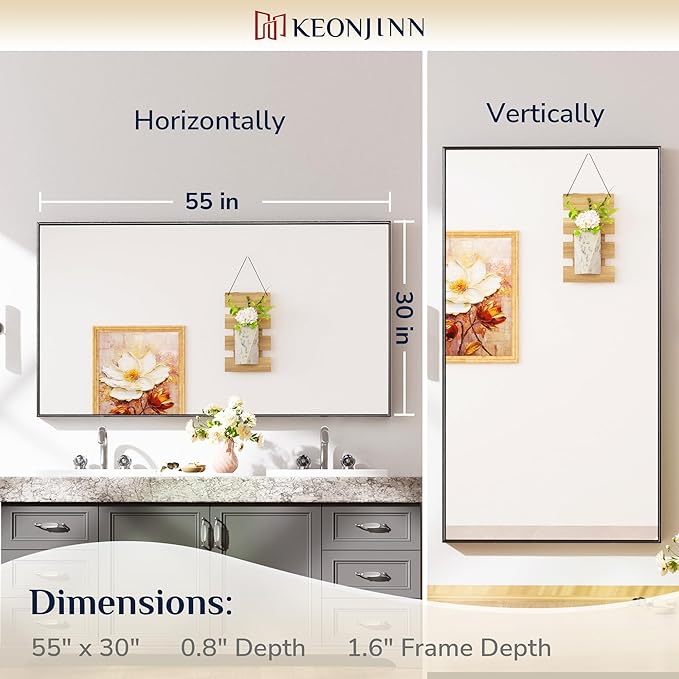 Keonjinn Black Framed Bathoom Mirror 55 x 30 Inch Large Rectangle Vanity Wall Mirror for Over Sink Metal Frame Rectangular Bathroom Mirror Brushed Black Modern Farmhouse Mirror(Horizontal/Vertical)