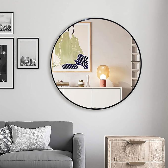 36 inch Large Black Round Mirror for Wall Decor, Brushed Metal Framed Circle Mirror for Bathroom, Vanity, Bedroom, Living Room, Entryway Decor